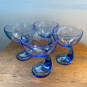 Four Italian Bormioli Rocco Blue JERBA footed desert/cocktail 5 1/2”T. 4 1/2” D